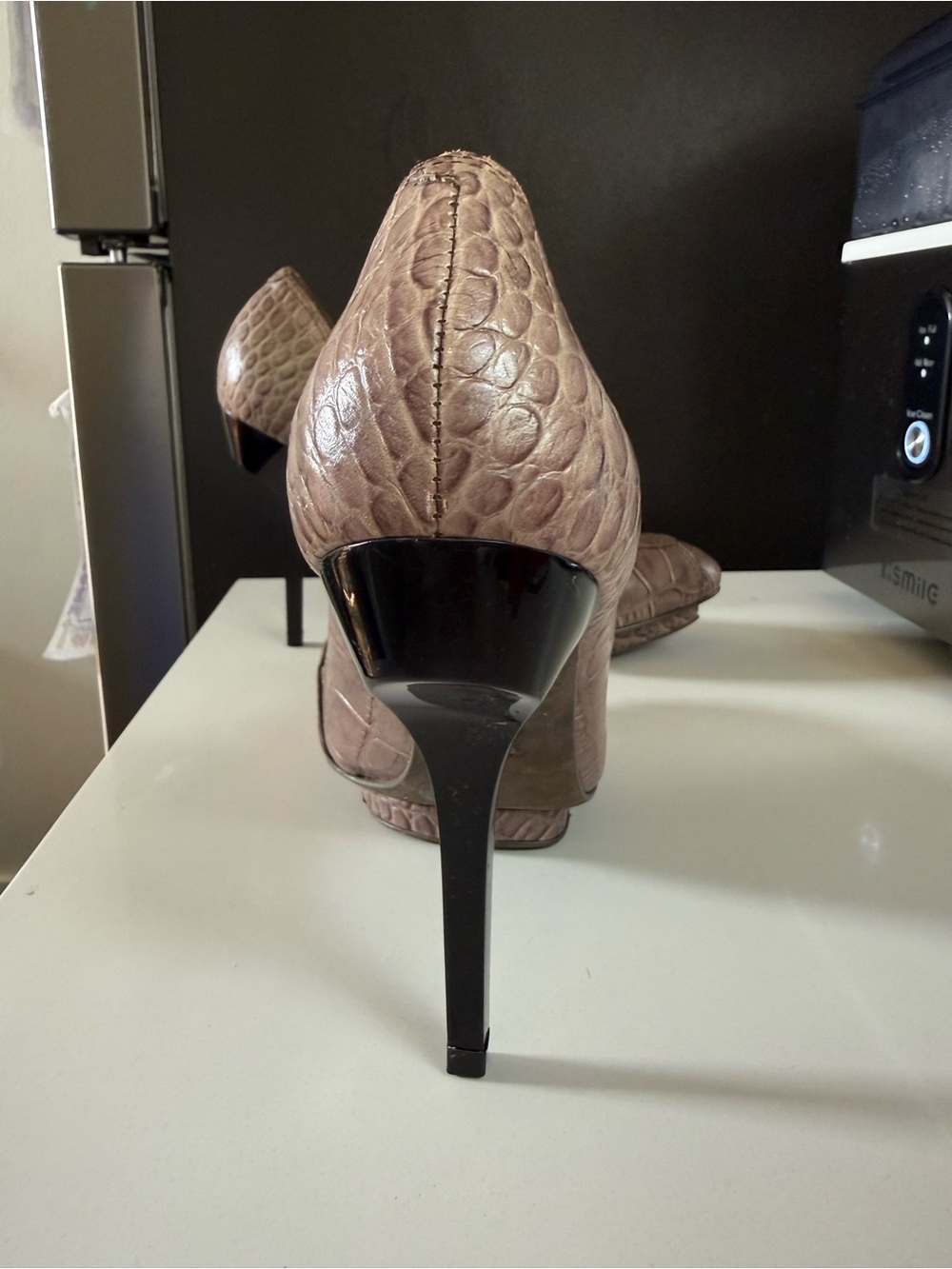 BCBG Taupe Snake-Embossed Stiletto Pumps with Black Heel